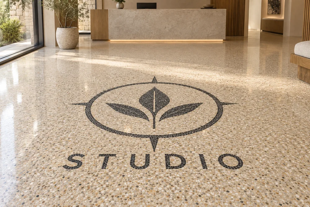 Пример логотипа STUDIO из контрастного камня на полу под прозрачным финишем